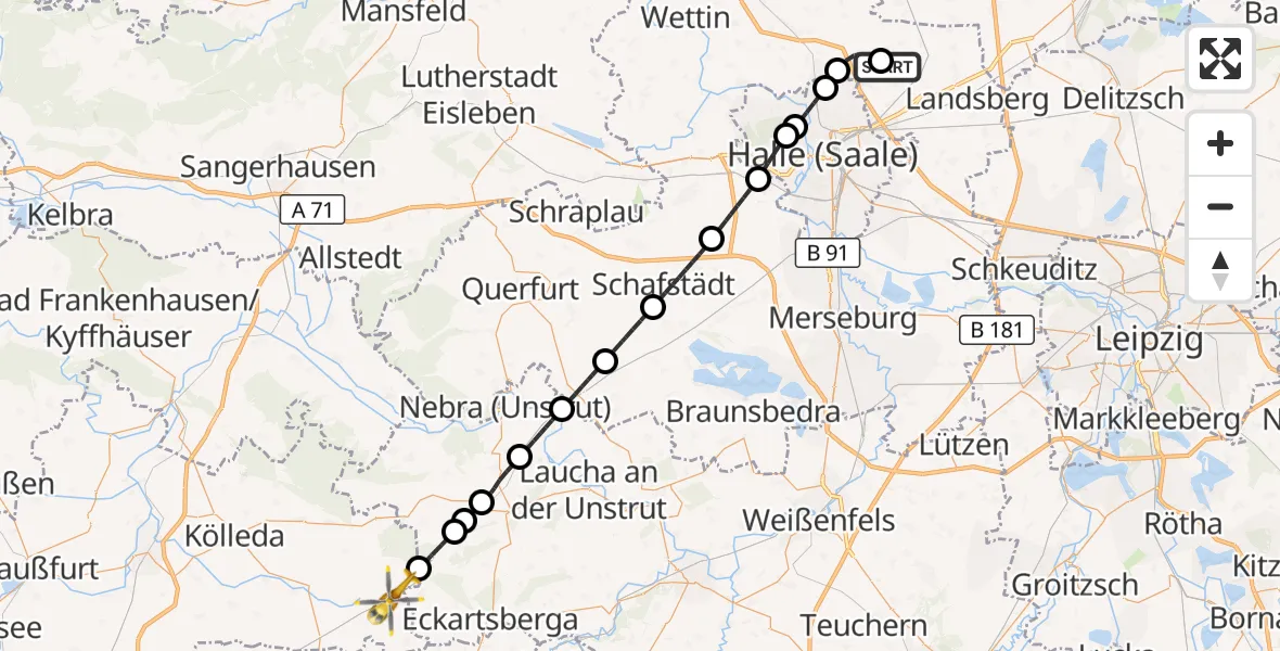 Flugroute Rettungshubschrauber Halle-Oppin Flugplatz - Buttstädt, 29 Oktober 2026, 12:41
