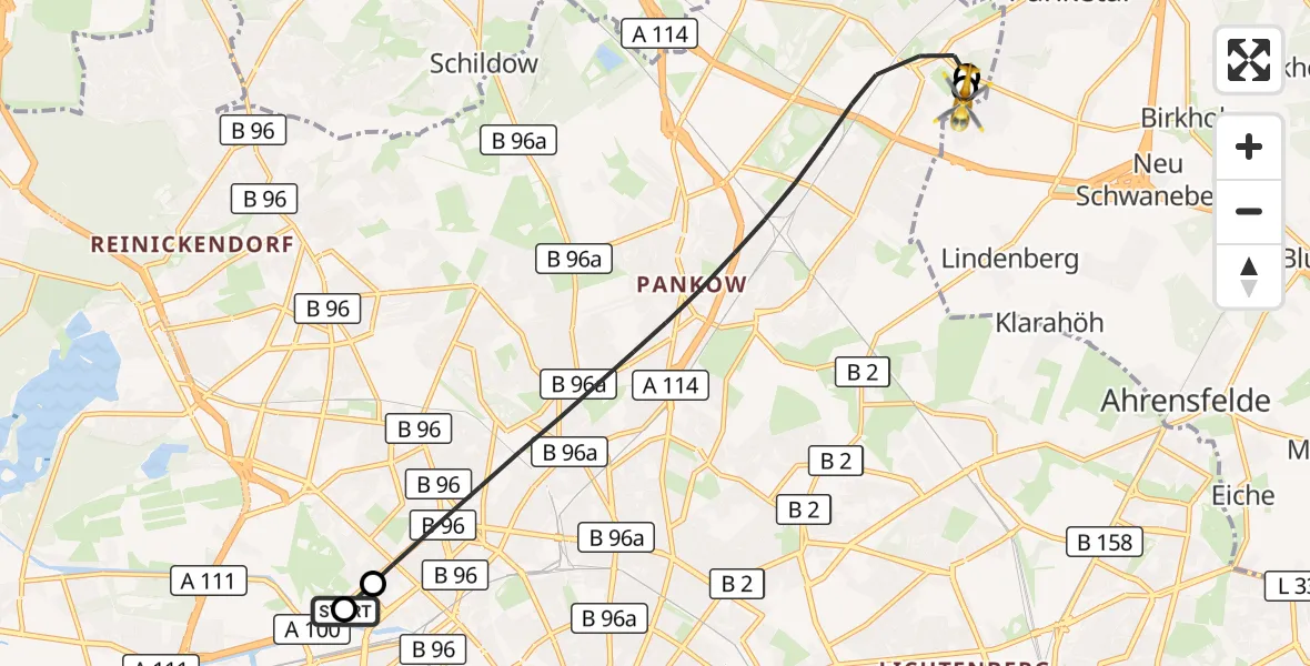 Flugroute Rettungshubschrauber Charité Clinic Virchow Campus - Helios Clinic Berlin-Buch, 29 Oktober 2026, 12:51