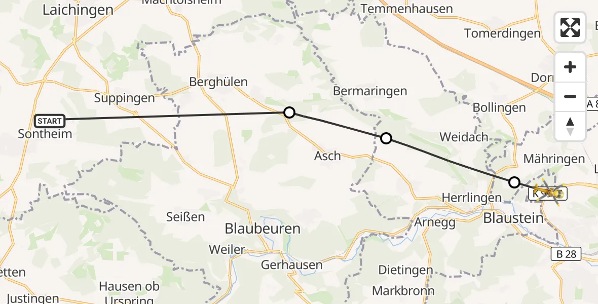 Flugroute Rettungshubschrauber Heroldstatt - Ulm, 29 Oktober 2026, 12:56