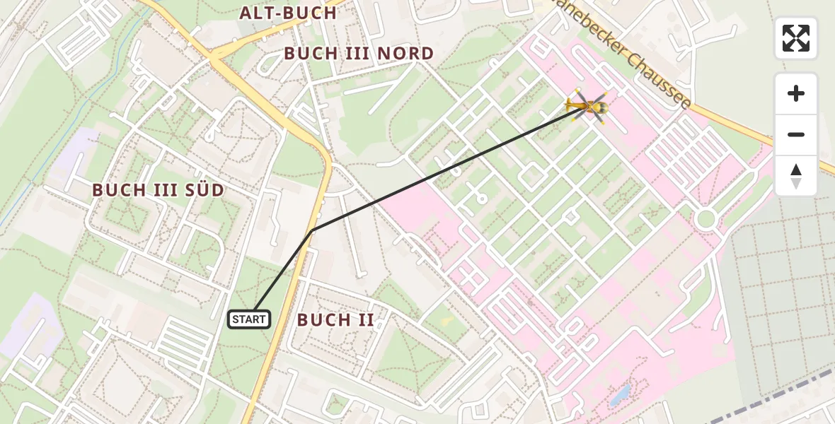 Flugroute Rettungshubschrauber Berlin - Helios Clinic Berlin-Buch Hubschrauberlandeplatz, 29 Oktober 2026, 13:46