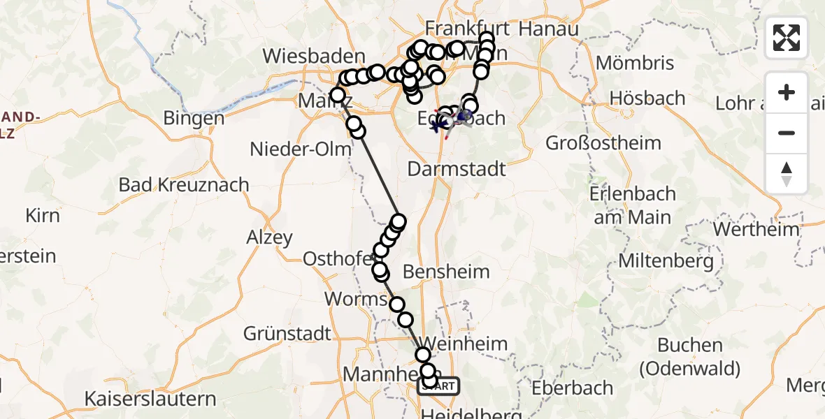 Flugroute Polizeihubschrauber Edingen-Neckarhausen - Flughafen Frankfurt-Egelsbach, 29 Oktober 2026, 14:28