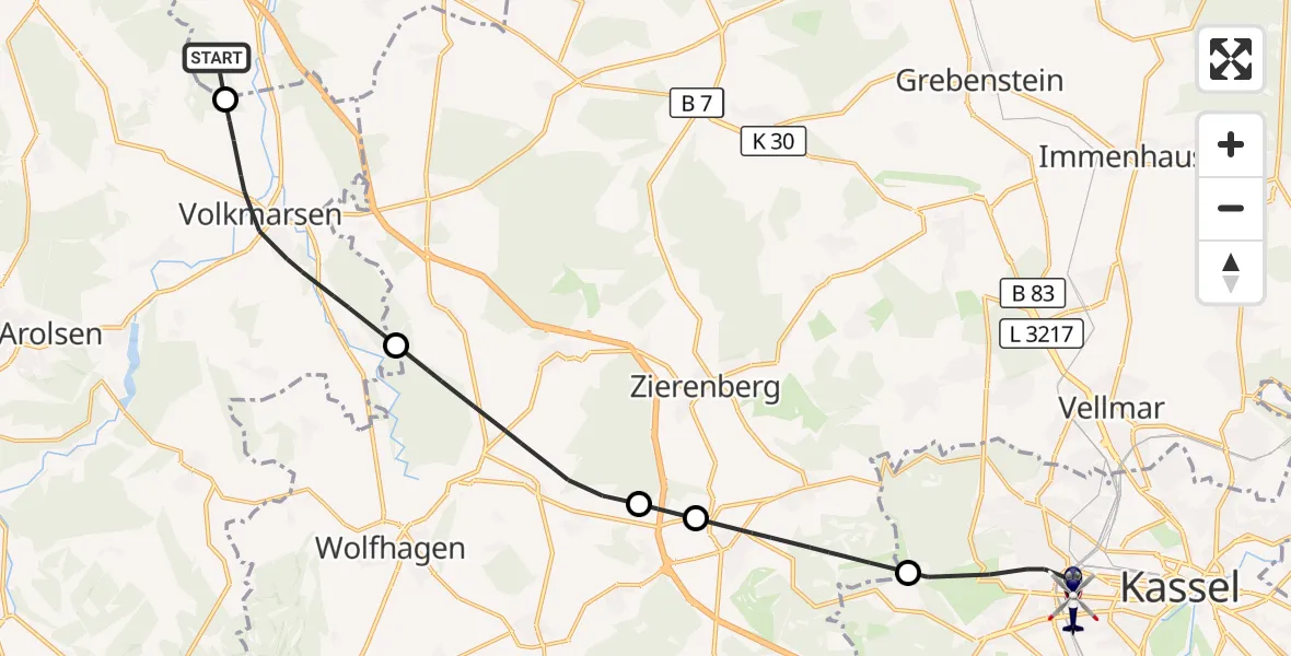 Flugroute Polizeihubschrauber Warburg - Kassel, 29 Oktober 2026, 14:28