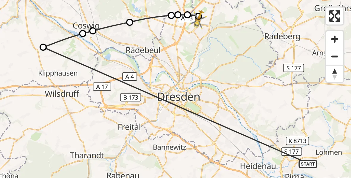 Flugroute Rettungshubschrauber Pirna - Dresden Bundespolizei Hubschrauberlandeplatz, 29 Oktober 2026, 14:46