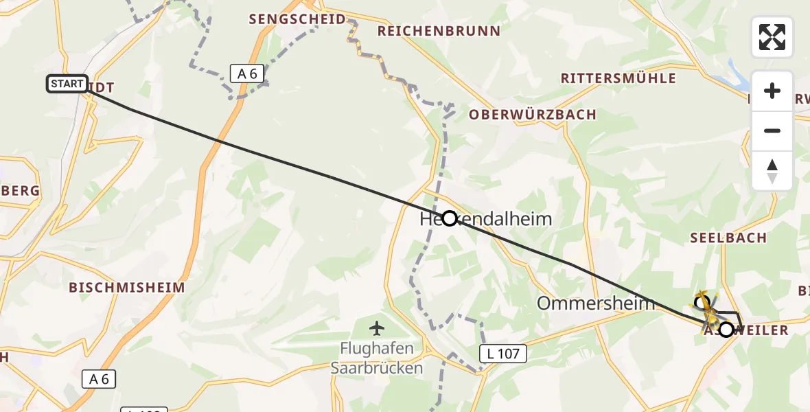 Flugroute Rettungshubschrauber Saarbrücken - Mandelbachtal, 29 Oktober 2026, 14:46