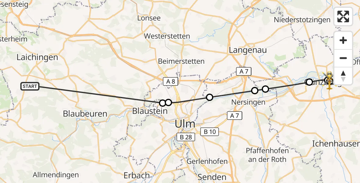 Flugroute Rettungshubschrauber Heroldstatt - Günzburg Hospital, 29 Oktober 2026, 14:56