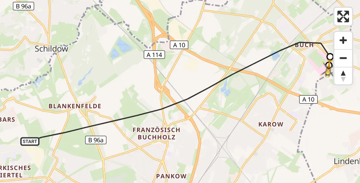 Flugroute Rettungshubschrauber Berlin - Helios Clinic Berlin-Buch, 29 Oktober 2026, 14:57