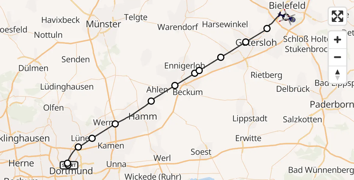 Flugroute Polizeihubschrauber Dortmund Hospital North - Luftrettungszentrum Bielefeld, 29 Oktober 2026, 15:02