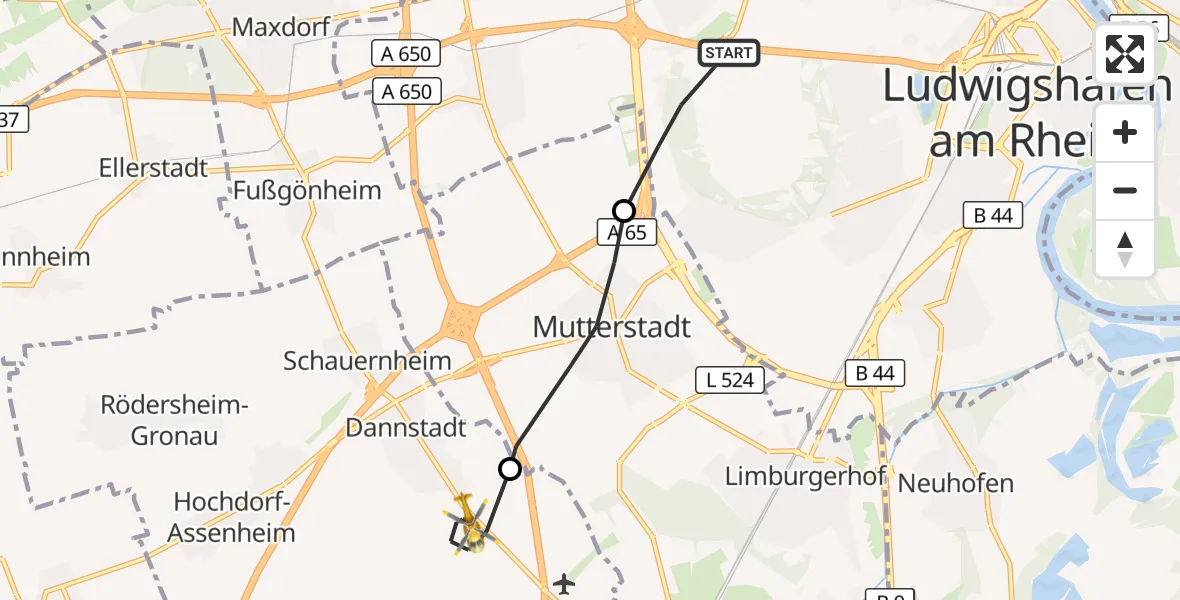Flugroute Rettungshubschrauber Ludwigshafen am Rhein - Dannstadt-Schauernheim, 29 Oktober 2026, 15:07