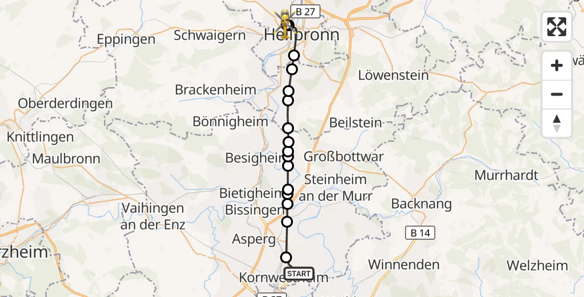 Flugroute Rettungshubschrauber Kornwestheim - Heilbronn Hospital, 29 Oktober 2026, 15:08