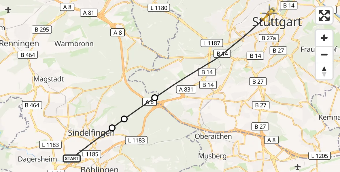 Flugroute Rettungshubschrauber Sindelfingen - Stuttgart, 29 Oktober 2026, 15:13