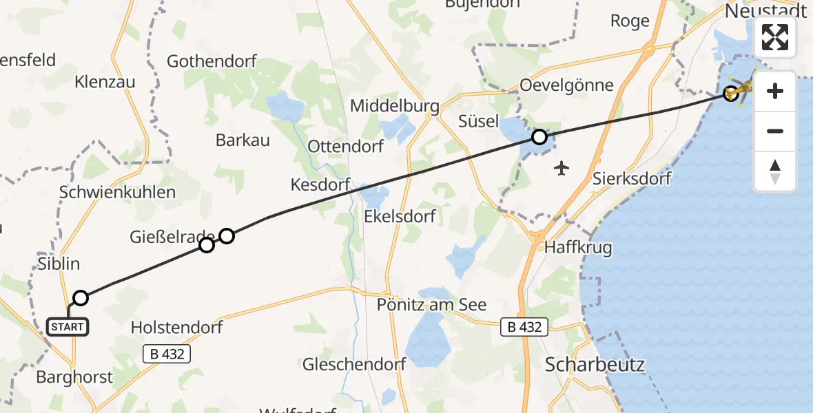 Flugroute Rettungshubschrauber Christoph 12 Luftrettungszentrum - Neustadt in Holstein, 29 Oktober 2026, 15:13