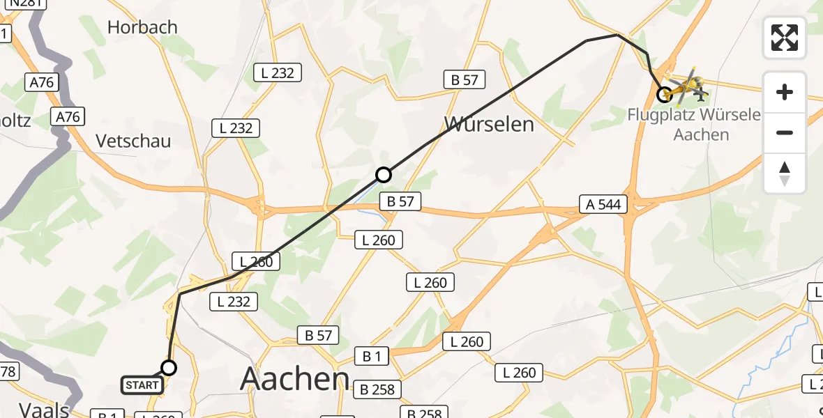 Flugroute Rettungshubschrauber Aachen Hospital - Aachen-Merzbrück Flughafen, 29 Oktober 2026, 15:18