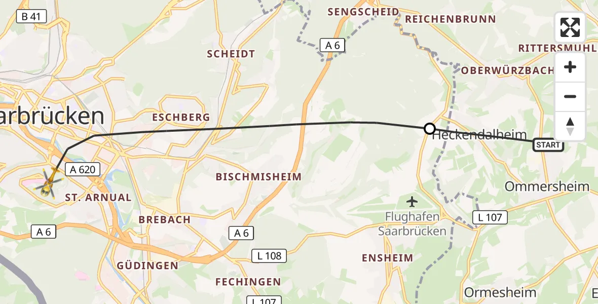 Flugroute Rettungshubschrauber Mandelbachtal - Saarbrücken, 29 Oktober 2026, 15:19