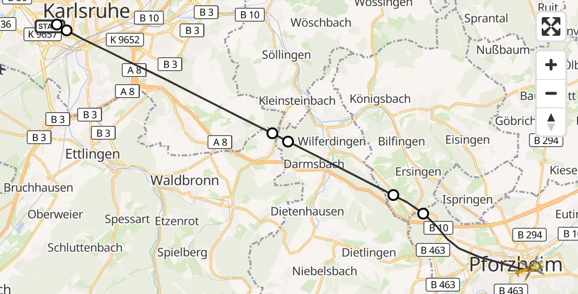 Flugroute Ambulanzhubschrauber Sankt Vincentius Hospital - Pforzheim, 29 Oktober 2026, 15:25