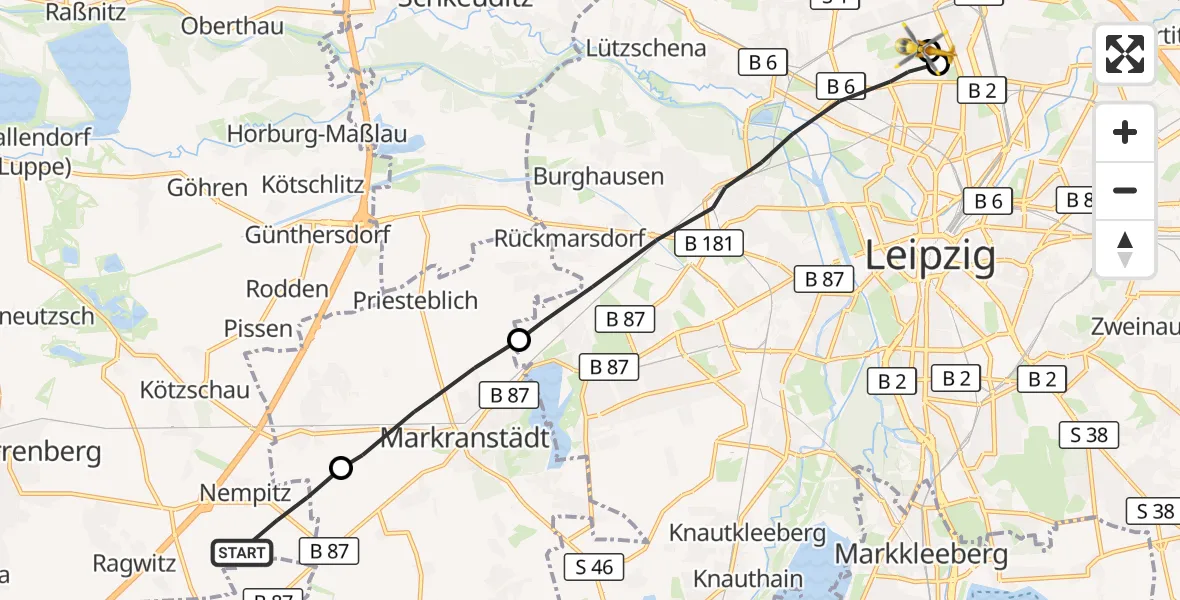 Flugroute Rettungshubschrauber Bad Dürrenberg - Sankt Georg Hospital Leipzig Reserve, 29 Oktober 2026, 15:29