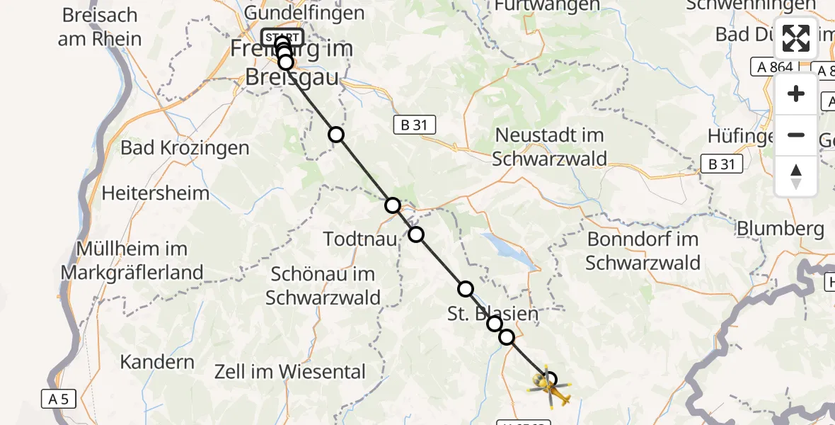 Flugroute Ambulanzhubschrauber Freiburg im Breisgau Flugplatz - Weilheim, 29 Oktober 2026, 15:43