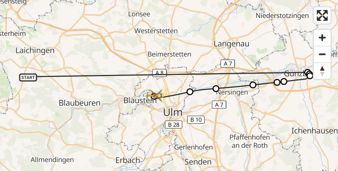 Flugroute Rettungshubschrauber Heroldstatt - Ulm Military Hospital Emergency Hubschrauberlandeplatz, 29 Oktober 2026, 15:47