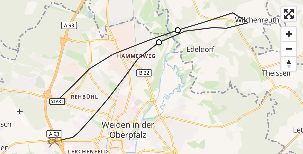 Flugroute Ambulanzhubschrauber Weiden i.d.OPf. - Weiden i.d.OPf., 29 Oktober 2026, 15:52
