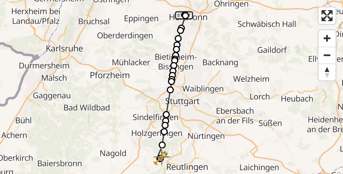 Flugroute Rettungshubschrauber Heilbronn Hospital - Tübingen University Hospital, 29 Oktober 2026, 15:57