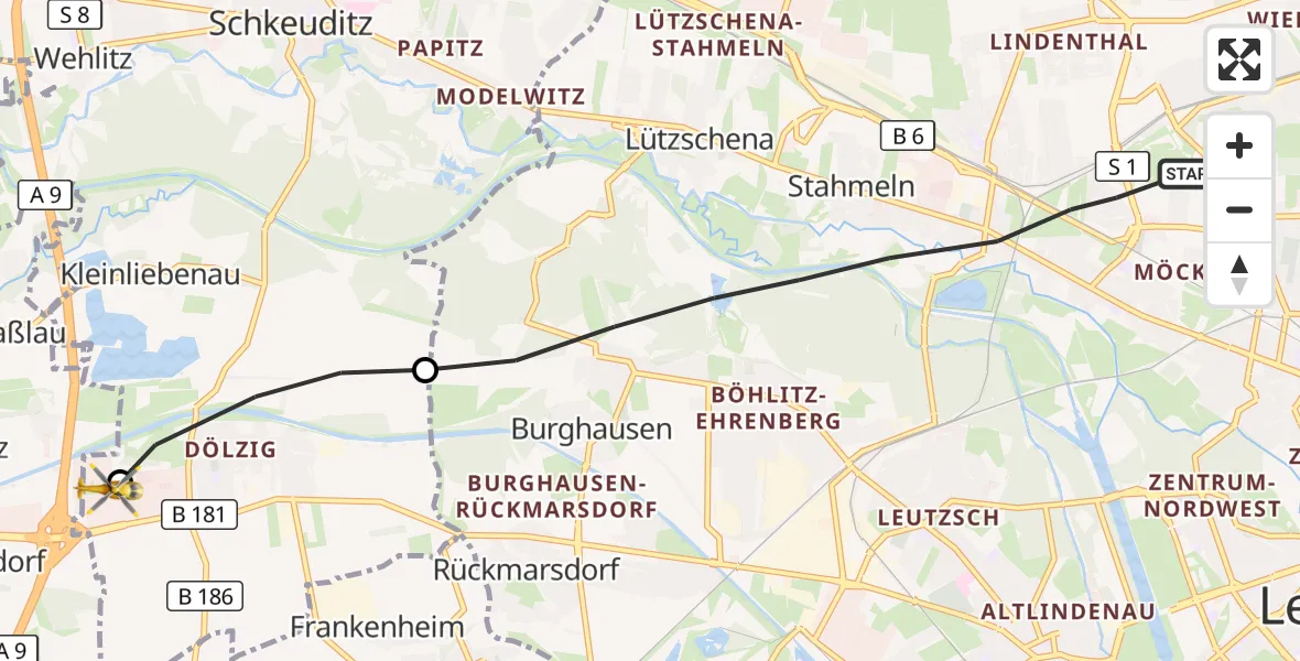 Flugroute Rettungshubschrauber Leipzig - ADAC Air Rescue Station Leipzig/Schkeuditz-Dölzig Hubschrauberlandeplatz (Christoph 61), 29 Oktober 2026, 15:59