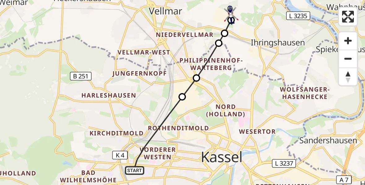 Flugroute Polizeihubschrauber Kassel - Fuldatal Bundespolizei Hubschrauberlandeplatz, 29 Oktober 2026, 16:02