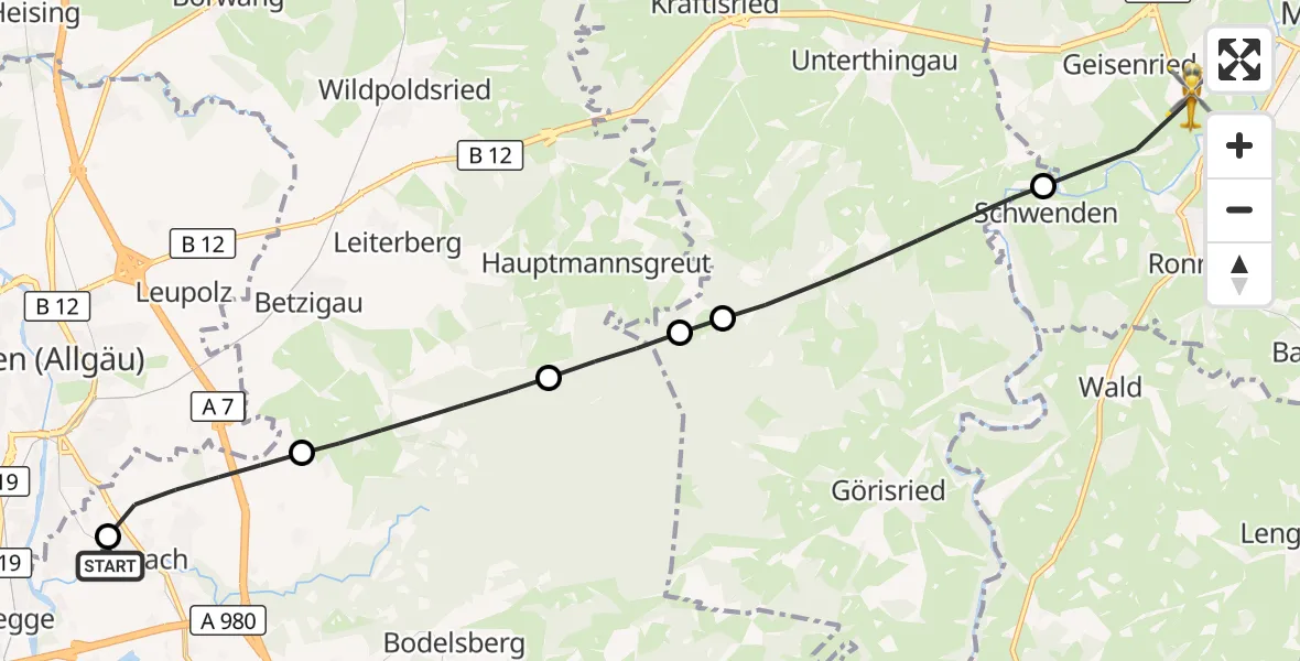 Flugroute Rettungshubschrauber Kempten-Durach Flugplatz - Marktoberdorf, 29 Oktober 2026, 16:09