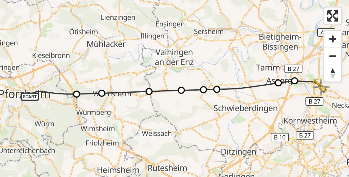 Flugroute Ambulanzhubschrauber Pforzheim - Ludwigsburg, 29 Oktober 2026, 16:11