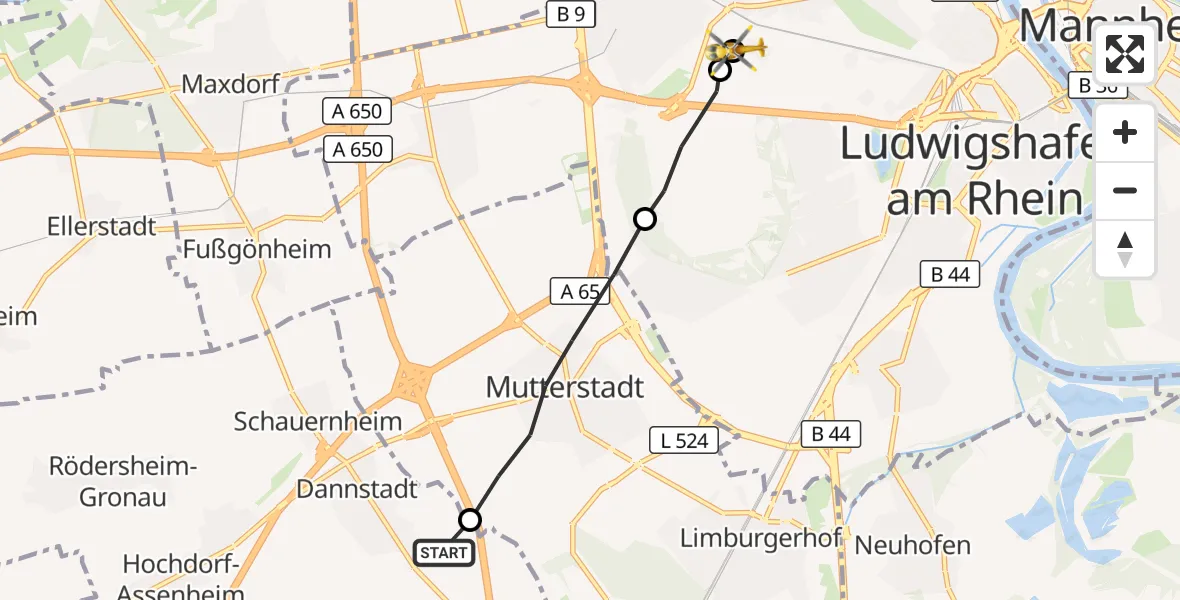 Flugroute Rettungshubschrauber Dannstadt-Schauernheim - Ludwigshafen Accident Hospital, 29 Oktober 2026, 16:14