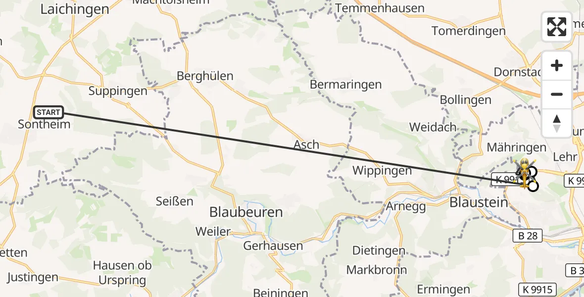 Flugroute Rettungshubschrauber Heroldstatt - ADAC Air Rescue Station Ulm (Christoph 22), 29 Oktober 2026, 16:23