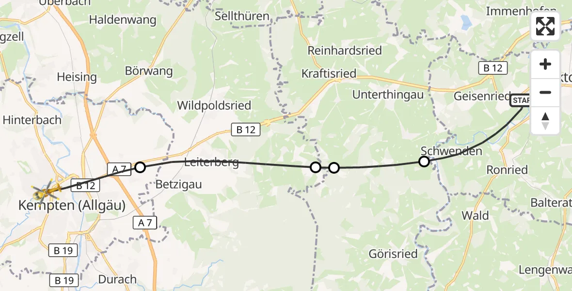 Flugroute Rettungshubschrauber Marktoberdorf - Kempten (Allgäu), 29 Oktober 2026, 16:33