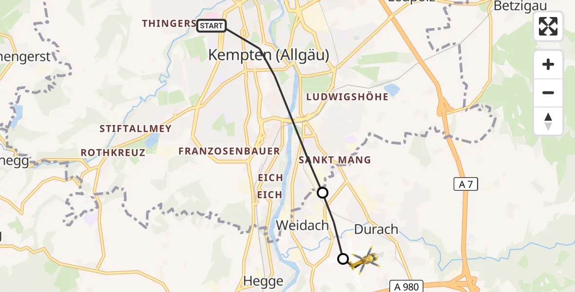 Flugroute Rettungshubschrauber Kempten (Allgäu) - Kempten-Durach Flugplatz, 29 Oktober 2026, 16:47