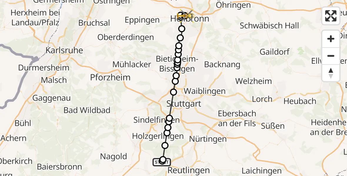 Flugroute Rettungshubschrauber Tübingen University Hospital - Heilbronn Hospital, 29 Oktober 2026, 16:49