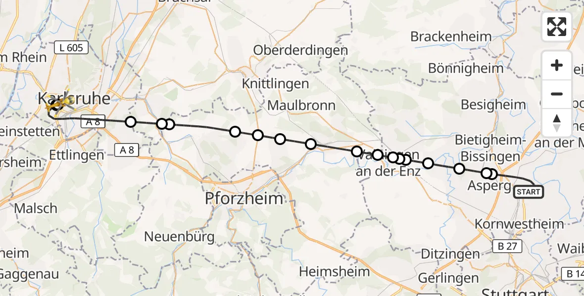 Flugroute Ambulanzhubschrauber Ludwigsburg - Sankt Vincentius Hospital, 29 Oktober 2026, 17:03