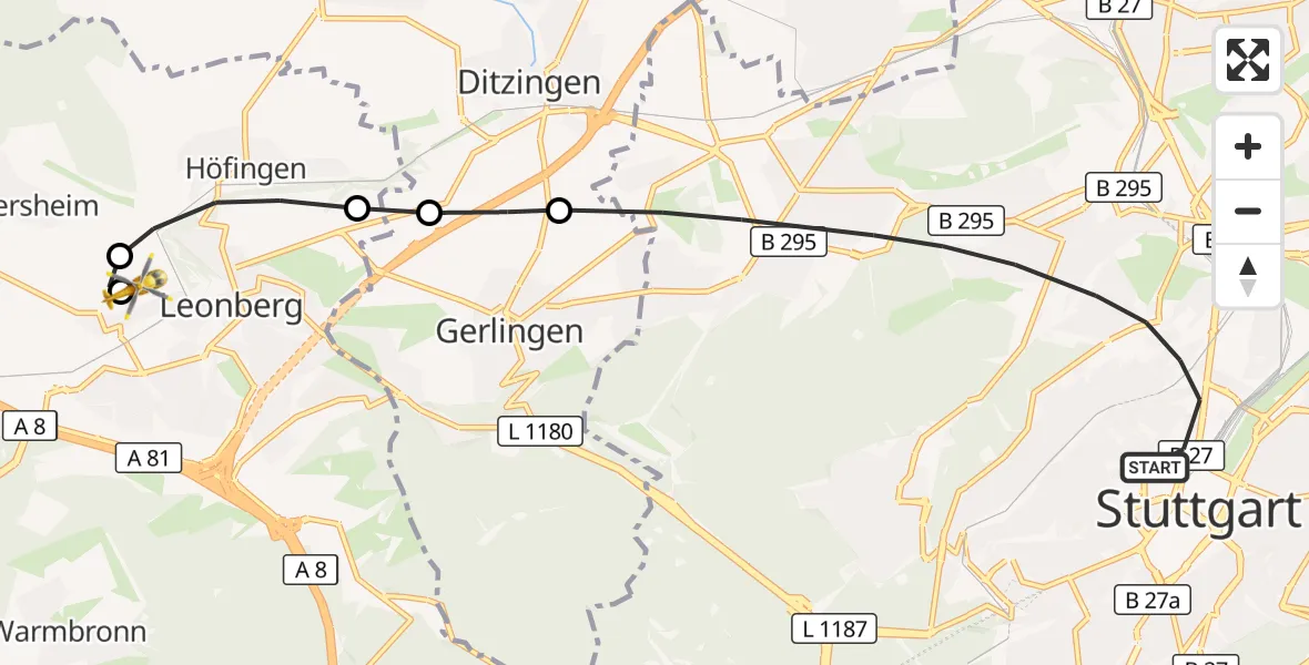 Flugroute Rettungshubschrauber Stuttgart - Leonberg Hospital, 29 Oktober 2026, 17:04