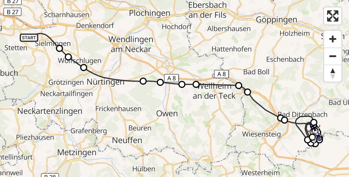 Flugroute Polizeihubschrauber Flughafen Stuttgart - Bad Ditzenbach Flugplatz, 29 Oktober 2026, 17:06