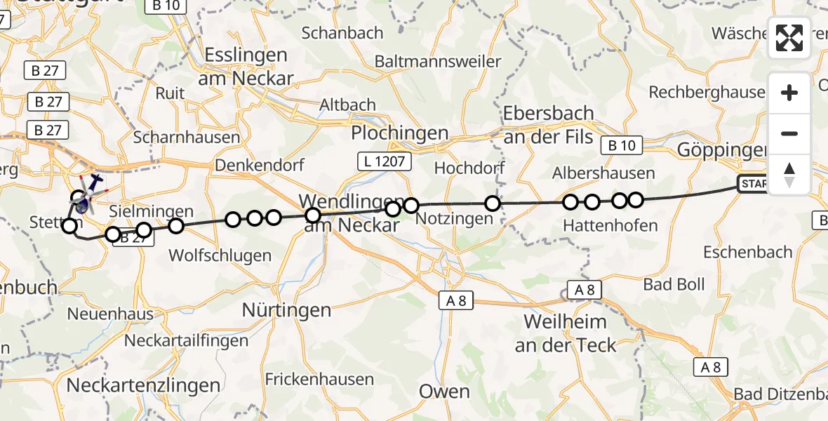 Flugroute Polizeihubschrauber Göppingen - Flughafen Stuttgart, 29 Oktober 2026, 17:08