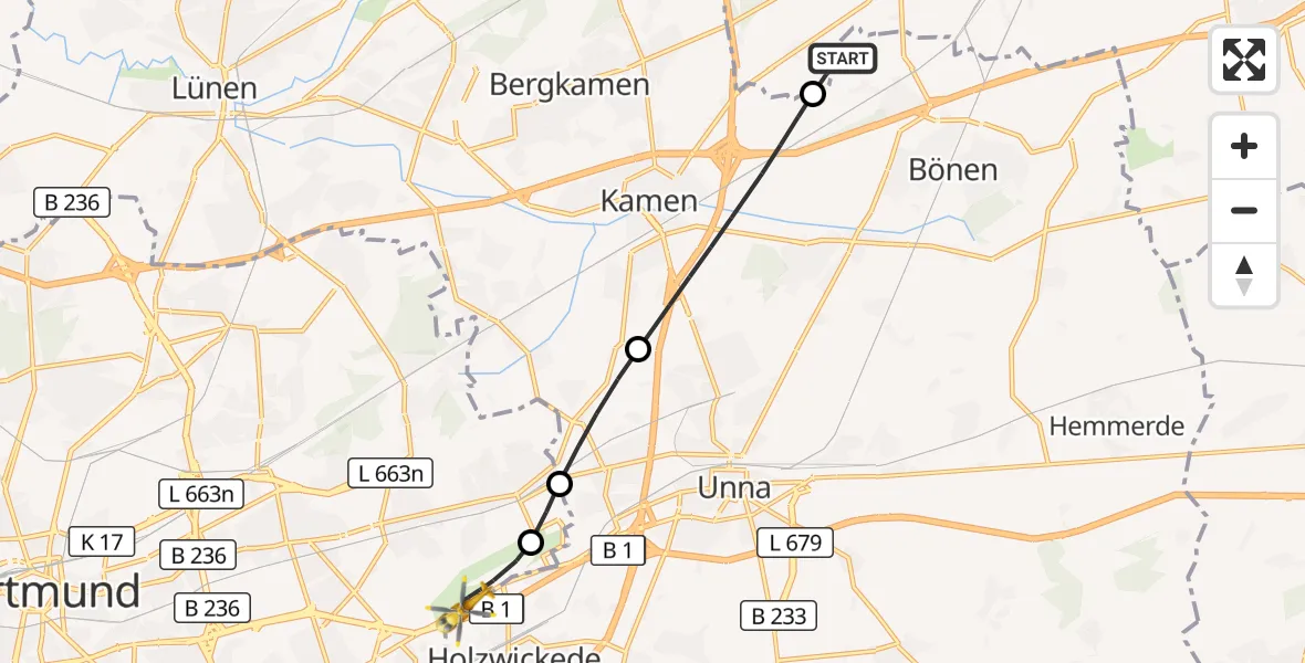 Flugroute Rettungshubschrauber Bönen - Dortmund Flughafen, 29 Oktober 2026, 17:24