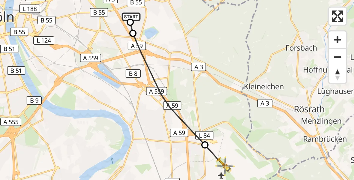 Flugroute Rettungshubschrauber Merheim Hospital - Köln Bonn Flughafen, 29 Oktober 2026, 17:31