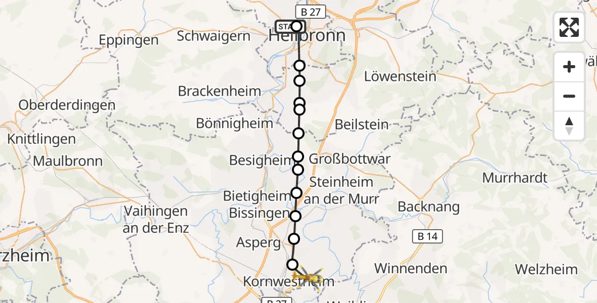 Flugroute Rettungshubschrauber Heilbronn Hospital - Pattonville Flugplatz, 29 Oktober 2026, 17:31