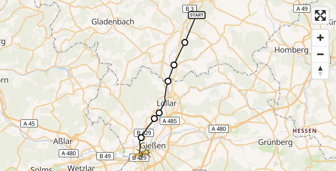 Flugroute Ambulanzhubschrauber Marburg - Gießen, 29 Oktober 2026, 18:02
