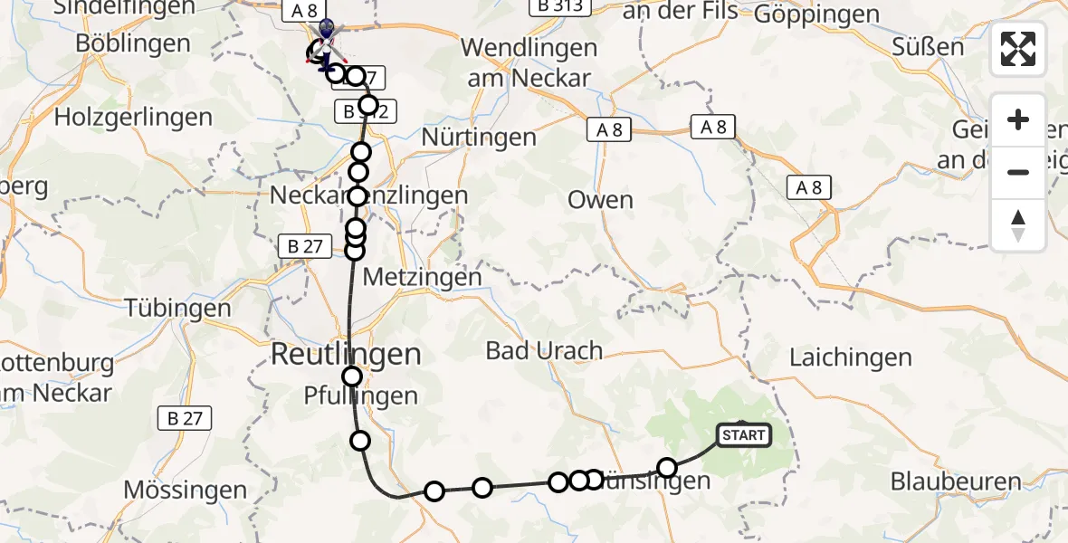 Flugroute Polizeihubschrauber Gutsbezirk Münsingen - Flughafen Stuttgart, 29 Oktober 2026, 18:44