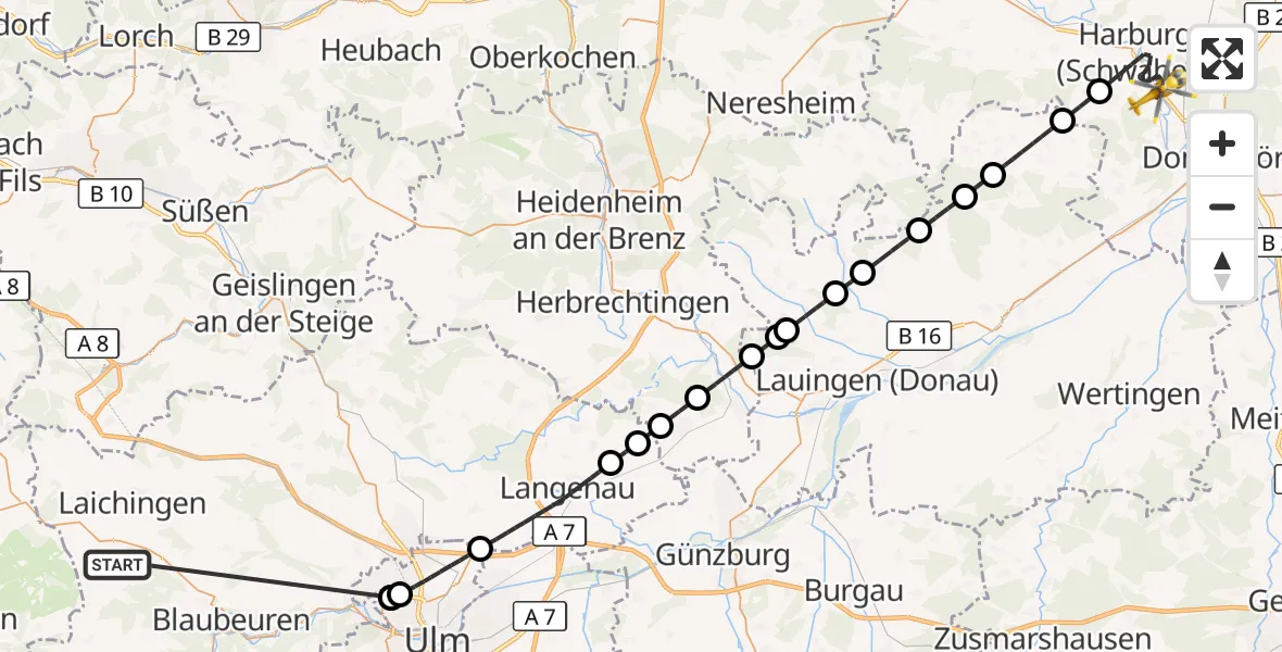 Flugroute Rettungshubschrauber Heroldstatt - Harburg (Schwaben), 29 Oktober 2026, 19:07