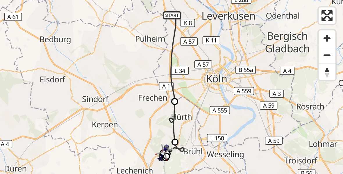 Flugroute Polizeihubschrauber Köln - Erftstadt, 29 Oktober 2026, 19:32
