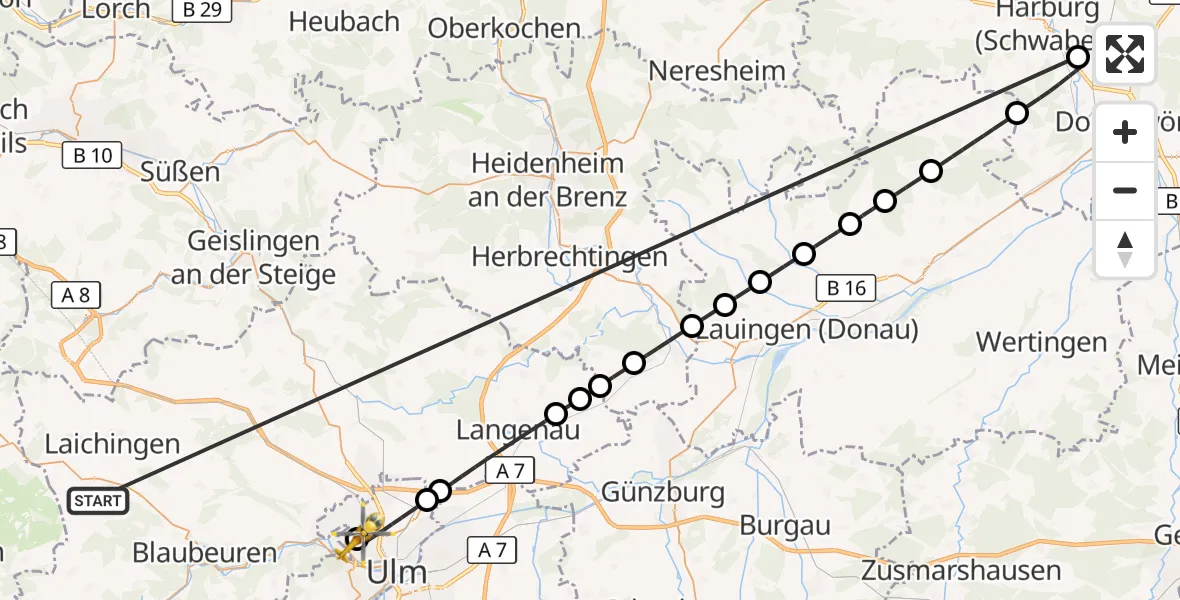 Flugroute Rettungshubschrauber Heroldstatt - Ulm Military Hospital Emergency Hubschrauberlandeplatz, 29 Oktober 2026, 19:52