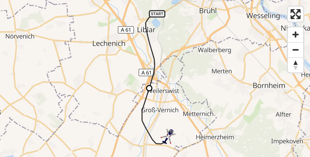 Flugroute Polizeihubschrauber Erftstadt - Weilerswist UL, 29 Oktober 2026, 20:04