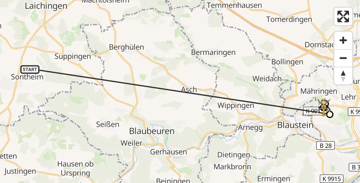 Flugroute Rettungshubschrauber Heroldstatt - ADAC Air Rescue Station Ulm (Christoph 22), 29 Oktober 2026, 20:32