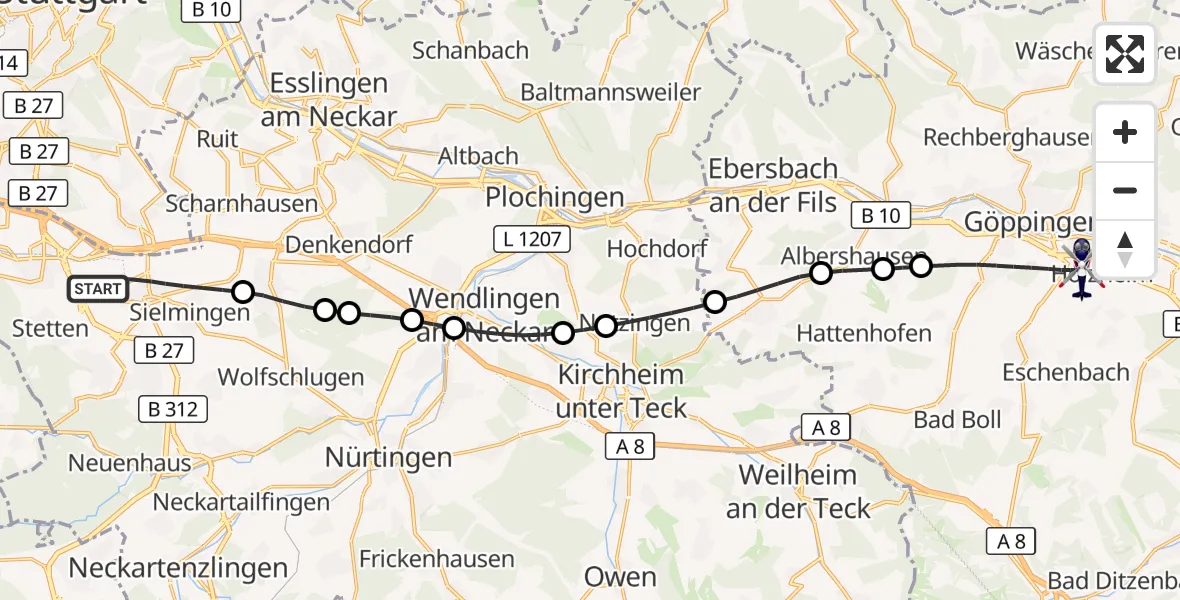 Flugroute Polizeihubschrauber Flughafen Stuttgart - Göppingen, 30 Oktober 2026, 06:06