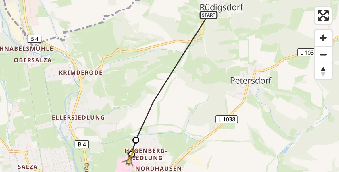 Flugroute Rettungshubschrauber Nordhausen - Südharz Hospital Nordhausen, 30 Oktober 2026, 06:33