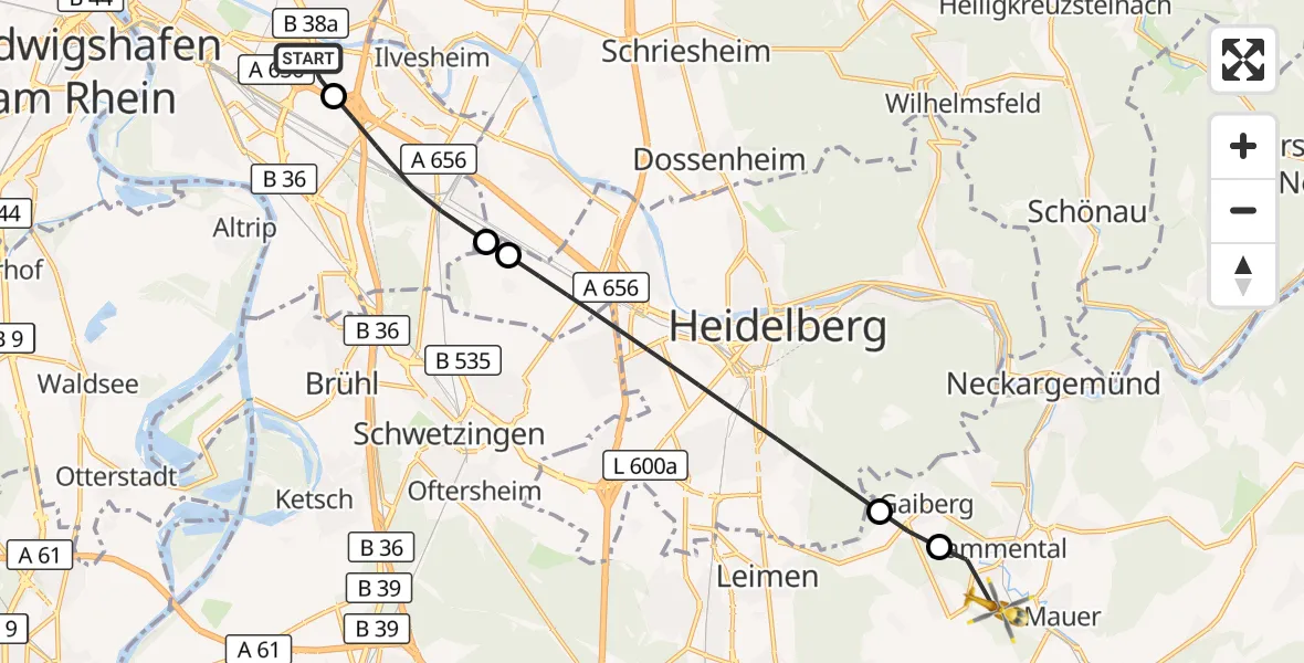 Flugroute Rettungshubschrauber Mannheim-City Flughafen - Bammental, 30 Oktober 2026, 07:51