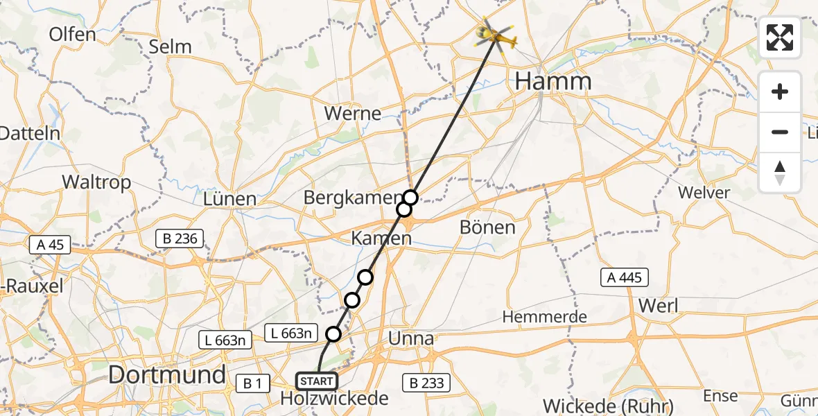 Flugroute Rettungshubschrauber Dortmund Flughafen - Hamm, 30 Oktober 2026, 07:54